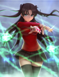 Rule 34 | 1girl, between fingers, black hair, black thighhighs, blurry, crossed arms, depth of field, fate/stay night, fate (series), floating hair, gem, glowing, grey eyes, highres, holding, long hair, long sleeves, looking at viewer, magic, shirt, siraha, skirt, solo, thighhighs, thighs, tohsaka rin, two side up, very long hair, x arms, zettai ryouiki