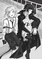 Rule 34 | 2boys, akutagawa ryuunosuke (bungou stray dogs), ascot, black gloves, blush, bungou stray dogs, closed mouth, coat, collared shirt, fingerless gloves, full body, gloves, greyscale, highres, knee up, long coat, looking at viewer, male focus, monochrome, multiple boys, nakajima atsushi (bungou stray dogs), necktie, open mouth, pants, pants rolled up, shirt, shoes, short hair, sitting, smile, suspenders, totomuraakat