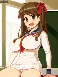 Rule 34 | 1girl, blush, breasts, brown eyes, brown hair, character request, covered erect nipples, hair ribbon, large breasts, logo, long hair, long sleeves, looking at viewer, non-web source, official art, open mouth, psychic hearts, ribbon, ryoji (nomura ryouji), skin tight, skirt, smile, solo, sweat
