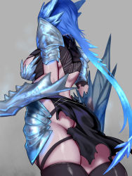 Rule 34 | 1girl, absurdres, armor, ass, backless outfit, blue hair, blue skin, breasts, colored skin, dragon girl, from behind, highres, ice, kumiko shiba, league of legends, pauldrons, shoulder armor, shyvana, thighhighs, torn clothes, vambraces