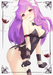 Rule 34 | 1girl, absurdres, alcohol, alternate costume, animal ears, blunt bangs, blush, breasts, cleavage, cowboy shot, cup, detached collar, drinking glass, fishnet thighhighs, fishnets, garter straps, highres, large breasts, leotard, long hair, looking at viewer, nose blush, pink eyes, playboy bunny, purple hair, rabbit ears, raimeso235, reisen udongein inaba, simple background, single thighhigh, solo, strapless, strapless leotard, thighhighs, touhou, very long hair, white background, wine, wine glass