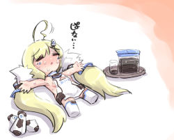 Rule 34 | 1girl, :o, ahoge, armpits, azur lane, bare arms, bare shoulders, blonde hair, blush, breasts, closed eyes, clothes writing, commentary request, cup, detached sleeves, detached sleeves removed, dress, drinking glass, eldridge (azur lane), hair between eyes, hair ornament, hairclip, kuso atsui (meme), long hair, long sleeves, lying, no shoes, nose blush, on back, outstretched arms, parted lips, puffy long sleeves, puffy sleeves, sleeveless, sleeveless dress, small breasts, soles, solo, spread arms, sweat, thighhighs, translation request, tray, twintails, u-non (annon&#039;an), very long hair, white dress, white sleeves, white thighhighs