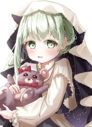 Rule 34 | 1girl, aged down, blush, cecilia (shiro seijo to kuro bokushi), child, commentary, english commentary, green eyes, green hair, highres, holding, holding stuffed toy, kouu (pixiv52748032), long sleeves, looking at viewer, open mouth, shiro seijo to kuro bokushi, solo, stuffed animal, stuffed toy, teddy bear, upper body