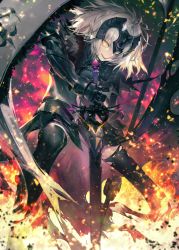 Rule 34 | 1girl, black thighhighs, blurry, chain, commentary request, depth of field, fate/grand order, fate (series), fire, gauntlets, glint, grey hair, headpiece, highres, jeanne d&#039;arc (fate), jeanne d&#039;arc alter (avenger) (fate), jeanne d&#039;arc alter (fate), kodama (wa-ka-me), legs apart, looking at viewer, parted lips, planted, planted sword, planted weapon, short hair, smile, solo, standard bearer, standing, sword, teeth, thighhighs, tsurime, weapon, yellow eyes
