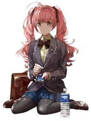Rule 34 | 1girl, ahoge, bag, black pantyhose, blazer, bottle, bow, bowtie, cellphone, full body, green eyes, hair ornament, hair ribbon, jacket, komecchi, loafers, long hair, on floor, on ground, original, pantyhose, phone, pink hair, pleated skirt, ribbon, school bag, school uniform, shoes, simple background, sitting, skirt, smartphone, solo, twintails, wariza, water bottle, white background