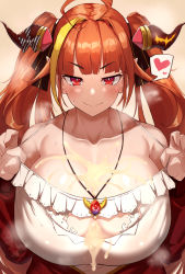 Rule 34 | 1girl, after paizuri, ahoge, bare shoulders, breasts, censored, cleavage, collarbone, cum, cum on body, cum on breasts, cum on upper body, dragon girl, dragon horns, highres, hololive, horns, huge ahoge, huge breasts, jewelry, kiryu coco, long hair, looking at viewer, necklace, nuezou, open mouth, orange hair, pointy ears, red eyes, strap pull, twintails, upper body, virtual youtuber
