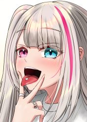 Rule 34 | 1girl, absurdres, artist request, blue eyes, blush, girls&#039; frontline, heterochromia, highres, long hair, looking at viewer, mdr (girls&#039; frontline), multicolored hair, open mouth, piercing, purple eyes, purple hair, silver hair, smile, solo, streaked hair, tongue, tongue out, tongue piercing