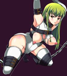 Rule 34 | 1girl, armpits, arms up, bdsm, belt, blush, body blush, bodysuit, bondage, bound, breasts, c.c., chain, code geass, collar, elbow gloves, female focus, gloves, green hair, long hair, nimo, nipple piercing, nipples, piercing, simple background, solo, squatting, thighhighs, torn clothes, white thighhighs