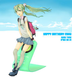 Rule 34 | 1girl, ankle boots, backpack, bag, boots, character doll, earphones, green eyes, green hair, hachune miku, happy birthday, hatsune miku, headphones, kneehighs, legs, long hair, matching hair/eyes, necktie, over-kneehighs, sasetsu, scrunchie, shoes, skirt, smile, socks, solo, striped clothes, striped socks, striped thighhighs, thighhighs, twintails, vertical-striped clothes, vertical-striped thighhighs, vocaloid, wind
