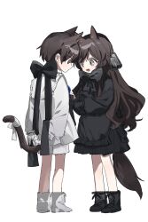 Rule 34 | 1boy, 1girl, :d, absurdres, animal ears, arms behind back, black bow, black bowtie, black dress, black footwear, blouse, boots, bow, bowtie, brown eyes, brown hair, brown tail, closed mouth, dress, fang, full body, highres, light blush, long hair, long sleeves, looking at another, ok o o, open mouth, original, shirt, short hair, shorts, simple background, smile, white background, white footwear, white shirt, white shorts