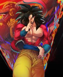 Rule 34 | black hair, blonde hair, blue sash, body fur, closed mouth, dragon ball, dragon ball gt, golden oozaru, hand on own hip, looking at viewer, male focus, monkey boy, monkey tail, muscular, muscular male, ommmyoh, oozaru, open mouth, pants, red eyes, red fur, saiyan, sash, sharp teeth, smirk, son goku, spiked hair, super saiyan, super saiyan 4, tail, teeth, yellow eyes, yellow pants