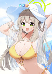 Rule 34 | 1girl, bikini, blue archive, breasts, cleavage, commentary, front-tie bikini top, front-tie top, green eyes, green halo, halo, halterneck, hat, large breasts, light brown hair, long hair, looking at viewer, navel, nonomi (blue archive), nonomi (swimsuit) (blue archive), official alternate costume, omuretsu, open clothes, open mouth, side-tie bikini bottom, smile, solo, standing, sun hat, swimsuit, swimsuit cover-up, tongue, very long hair, white hat, yellow bikini