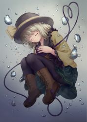 Rule 34 | 1girl, bad id, bad pixiv id, black hat, black pantyhose, blonde hair, boots, brown footwear, commentary, cross-laced footwear, english commentary, fetal position, floral print, frilled shirt collar, frilled sleeves, frills, full body, gradient background, green skirt, grey background, hat, hat ribbon, highres, komeiji koishi, long sleeves, ookashippo, pantyhose, ribbon, rose print, shirt, short hair, simple background, skirt, sleeping, smile, solo, thighband pantyhose, third eye, touhou, water drop, wide sleeves, yellow shirt