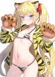 Rule 34 | 1girl, alexmaster, animal ears, animal hands, animal print, bikini, blonde hair, blue eyes, bow, breasts, closed mouth, collarbone, commentary request, cowboy shot, extra ears, frown, gloves, gluteal fold, hair bow, halterneck, hands up, highres, hirakata kana, jacket, kemonomimi mode, long hair, long sleeves, looking at viewer, navel, open clothes, open jacket, original, paw gloves, pout, shiny skin, simple background, small breasts, solo, stomach, string bikini, swimsuit, tail, thighs, tiger ears, tiger print, tiger tail, twintails, v-shaped eyebrows, very long hair, white background, white bikini, yellow jacket