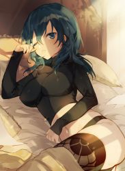 Rule 34 | 1girl, bed sheet, black panties, black shirt, blue eyes, blue hair, breasts, byleth (female) (fire emblem), byleth (fire emblem), covered erect nipples, crop top, fire emblem, fire emblem: three houses, hair between eyes, highres, large breasts, long hair, long sleeves, lying, meunhongcha, midriff, navel, nintendo, on side, one eye closed, panties, parted lips, print thighhighs, shirt, sleeves past wrists, solo, stomach, sunlight, thighhighs, underwear
