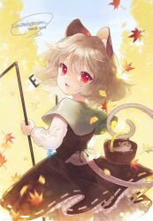 Rule 34 | 1girl, animal, animal ears, biyon, black dress, capelet, commission, cowboy shot, dowsing rod, dress, grey capelet, grey hair, hair between eyes, jewelry, leaf, long sleeves, maple leaf, mouse (animal), mouse ears, mouse tail, nazrin, open mouth, pendant, red eyes, short hair, skeb commission, solo, tail, touhou