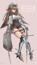 Rule 34 | 1girl, absurdres, arknights, armored boots, black cape, black shorts, blush, boots, brown hair, cape, fartooth (arknights), feather hair, full body, gauntlets, grey background, highres, holding, holding sword, holding weapon, kaguura (kagu), long hair, looking at viewer, parted lips, shirt, shirt tucked in, shorts, simple background, solo, sword, thigh strap, thighs, visor (armor), visor lift, weapon, white shirt, yellow eyes