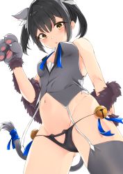 Rule 34 | 1girl, animal ears, animal hands, bell, black hair, black panties, blue ribbon, blush, breasts, brown eyes, cameltoe, cat ears, cat tail, fate/kaleid liner prisma illya, fate (series), feather boa, feather hair ornament, feathers, fur trim, garter straps, gloves, grey gloves, grey thighhighs, grey vest, hair ornament, highres, jingle bell, long hair, looking at viewer, miyu edelfelt, navel, neck ribbon, open mouth, panties, paw gloves, ribbon, simple background, siroimo0828, small breasts, solo, tail, thighhighs, thighs, twintails, underwear, vest, white background
