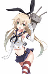 Rule 34 | 10s, 1girl, armpits, bad id, bad pixiv id, blonde hair, elbow gloves, gloves, green eyes, harimoji, kantai collection, long hair, rensouhou-chan, salute, shimakaze (kancolle), skirt, smile, solo, striped clothes, striped thighhighs, thighhighs