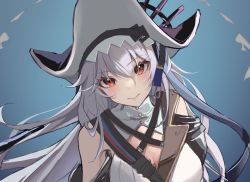 Rule 34 | 1girl, angelfish, arknights, bare shoulders, blue background, breasts, ccclann, cleavage, cleavage cutout, closed mouth, clothing cutout, fish, gradient background, grey hair, large breasts, long hair, looking at viewer, red eyes, shoulder strap, solo, specter (arknights), specter the unchained (arknights), upper body, v-shaped eyebrows, very long hair, white headwear