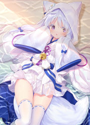 Rule 34 | 1girl, animal ears, azur lane, bell, blush, fake animal ears, flower, hair between eyes, hair flower, hair ornament, hair ribbon, highres, hood, japanese clothes, kimono, lace, lace-trimmed legwear, lace trim, long hair, long sleeves, looking at viewer, lying, on back, on water, open mouth, purple eyes, ribbon, silver hair, smile, solo, thighhighs, twintails, uranami (azur lane), white kimono, white thighhighs, wide sleeves, yano mitsuki (nanairo)