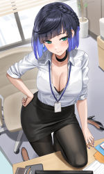 Rule 34 | 1girl, absurdres, alternate costume, bad id, bad twitter id, black bra, black choker, black pantyhose, black skirt, window blinds, blue hair, blue nails, blunt bangs, blush, bob cut, bra, bra peek, bra visible through clothes, braid, breasts, cellphone, chair, choker, cleavage, closed mouth, collared shirt, contemporary, dangle earrings, dark blue hair, day, diagonal bangs, earrings, eyes visible through hair, from above, genshin impact, gradient hair, hand on own hip, high heels, highres, indoors, jewelry, lace, lace-trimmed bra, lace trim, large breasts, looking at viewer, mole, mole on breast, multicolored hair, nail polish, office, office chair, office lady, pantyhose, partially unbuttoned, pencil skirt, phone, plant, potted plant, revision, see-through, see-through shirt, shirt, shirt tucked in, shocho, shoes, unworn shoes, short hair, skirt, sleeves rolled up, smartphone, smile, solo, swivel chair, table, thighband pantyhose, two-tone hair, underwear, white shirt, window, yelan (genshin impact)