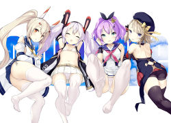 Rule 34 | 4girls, :o, armpit crease, armpits, ass, ayanami (azur lane), azur lane, backless dress, backless outfit, bare shoulders, belt, beret, bike shorts, black legwear, blonde hair, blue bow, blue eyes, blue skirt, blush, bow, breasts, cameltoe, closed eyes, commentary request, cross hair ornament, crown, detached sleeves, dress, feet, flat chest, full body, green eyes, hair bow, hair ornament, hat, highres, javelin (azur lane), laffey (azur lane), laffey (retrofit) (azur lane), light purple hair, long hair, looking at viewer, lying, mini crown, multiple girls, navel, neckerchief, no shoes, ochinsama, on back, on side, on stomach, open mouth, orange eyes, panties, pantyshot, pink neckerchief, platinum blonde hair, pleated skirt, ponytail, purple hair, retrofit (azur lane), sailor collar, shoulder blades, sideboob, skirt, sleeping, small breasts, smile, spread legs, stomach, thighhighs, toes, twintails, underwear, white legwear, white panties, white skirt, yellow neckerchief, z23 (azur lane), zettai ryouiki