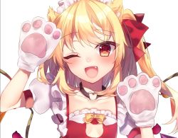 Rule 34 | 1girl, ;d, animal ears, animal hands, black choker, blonde hair, cat ears, chisiro unya (unya draw), choker, collarbone, crystal, flandre scarlet, gloves, hair ribbon, heart, looking at viewer, maid headdress, one eye closed, one side up, open mouth, paw gloves, puffy short sleeves, puffy sleeves, red eyes, red ribbon, ribbon, short sleeves, simple background, smile, solo, touhou, upper body, white background, wings