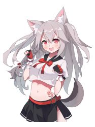Rule 34 | 1girl, :d, absurdres, animal ears, azur lane, black skirt, braid, collarbone, commentary, fingerless gloves, gloves, hair between eyes, hair ornament, highres, long hair, looking at viewer, midriff, navel, open mouth, paw hair ornament, paw pose, paw print, ping zhong yu, pleated skirt, red eyes, red gloves, school uniform, serafuku, silver hair, simple background, single braid, skirt, slit pupils, smile, solo, tail, tattoo, thick eyebrows, two-tone gloves, white background, wolf ears, wolf girl, wolf tail, yuudachi (azur lane)