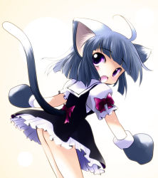 Rule 34 | 1girl, :o, ahoge, animal ears, animal hands, black hair, blunt bangs, bob cut, bow, cat ears, cat tail, dress, gloves, highres, looking back, no panties, open mouth, original, paw gloves, puffy short sleeves, puffy sleeves, purple eyes, sailor dress, short hair, short sleeves, solo, standing, tail, yume shokunin