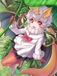 Rule 34 | 1girl, animal ears, arm at side, bat ears, bat girl, bat wings, blouse, bow, bowtie, day, eyelashes, fang, fangs, floating, full body, fur collar, giant leaf, gloves, hair ornament, hand up, highres, holding, holding leaf, honduran white bat (kemono friends), kemono friends, kosai takayuki, leaf, leaf umbrella, light blush, long sleeves, looking at viewer, medium hair, microskirt, multiple wings, open mouth, outdoors, pantyhose, red bow, red bowtie, red eyes, red gloves, red pantyhose, shirt, shoes, skirt, smile, solo, white hair, wings, yellow pupils