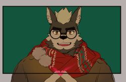 Rule 34 | 1boy, :d, absurdres, alternate costume, animal ears, bad id, bad weibo id, bara, beenic, bespectacled, christmas, dog boy, dog ears, furry, furry male, glasses, green background, gyee, hands up, heart, heart hands, highres, holding, holding letter, kuroshima kurishiro (muyi24108414), letter, looking at viewer, male focus, motion lines, open mouth, original, red scarf, round eyewear, scarf, short hair, smile, solo, thick eyebrows, upper body