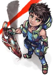 Rule 34 | 1boy, black hair, boris (noborhys), clenched hand, crotchless, crotchless pants, from above, full body, highres, looking at viewer, male focus, nintendo, rex (xenoblade), short hair, simple background, sketch, solo, sword, vest, weapon, white background, xenoblade chronicles (series), xenoblade chronicles 2, xenoblade chronicles (series), xenoblade chronicles 2, yellow eyes