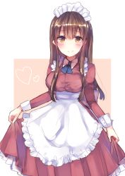 Rule 34 | 10s, 1girl, akagi (kancolle), alternate costume, apron, blue ribbon, breasts, brown eyes, brown hair, dress, enmaided, eyebrows, heart, highres, kantai collection, large breasts, long hair, long sleeves, looking at viewer, maid, maid apron, maid headdress, mochiko (mocchikkoo), orange background, red dress, ribbon, simple background, skirt hold, solo, tareme, waist apron, white apron