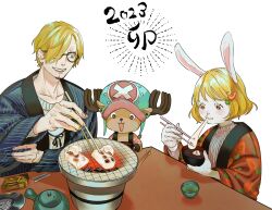 Rule 34 | 1girl, 2boys, absurdres, animal ears, antlers, blonde hair, bowl, cardigan, carrot (one piece), chopsticks, commentary, curly eyebrows, eating, food, glasses, hair over one eye, hat, highres, holding, holding bowl, holding chopsticks, horns, kotatsu, mochi, multiple boys, one piece, rabbit ears, reindeer antlers, sanji (one piece), short hair, simple background, smile, table, tony tony chopper, under table, white background, yao yasan, zouni soup