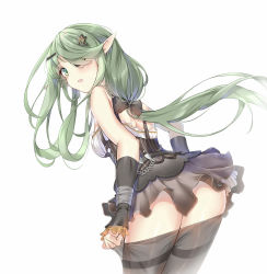 Rule 34 | adjusting clothes, adjusting legwear, arm warmers, ass, back, black bow, black dress, black footwear, black pantyhose, blush, bow, dress, floating hair, from behind, girls&#039; frontline, green eyes, green hair, hair bow, hair ornament, hair over one eye, hairclip, heterochromia, highres, looking at viewer, open mouth, pantyhose, pointy ears, ponytail, sidelocks, simple background, solo, tac-50 (girls&#039; frontline), thighband pantyhose, white background, xin (zinc), yellow eyes