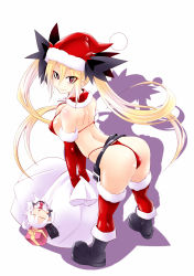 Rule 34 | 2girls, alice (nichoume rojiura tantei kitan), ass, back, bare shoulders, belt, bent over, bikini, blonde hair, boots, breasts, chibi, christmas, elbow gloves, female focus, full body, gloves, hat, highres, kobayashi tetsuya, large breasts, looking at viewer, multiple girls, nichoume rojiura tantei kitan, original, red eyes, red gloves, red legwear, santa costume, santa hat, simple background, smile, swimsuit, thighhighs, thong, thong bikini, twintails, white background