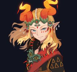 Rule 34 | 1boy, black background, black shirt, blonde hair, blue eyes, closed mouth, dragon horns, facial mark, gem, glowing, hair ornament, highres, horns, jewelry, lemonsam, link, long hair, necklace, nintendo, pointy ears, red horns, shirt, simple background, smile, solo, the legend of zelda, the legend of zelda: tears of the kingdom
