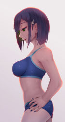 Rule 34 | 10s, 1girl, alternate breast size, bad id, bad pixiv id, bikini, blue bikini, blue nails, breasts, collarbone, cowboy shot, darling in the franxx, from side, green eyes, green hair, grey background, hair ornament, hairclip, hand on own hip, highres, ichigo (darling in the franxx), lips, looking down, medium breasts, multicolored hair, nail polish, oldlim, parted lips, profile, purple hair, short hair, sideways mouth, simple background, smile, solo, standing, sweat, swimsuit, thighs, tsurime, two-tone hair, wet