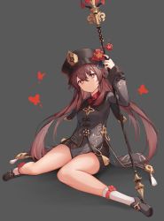 Rule 34 | 1girl, absurdres, aoria, bare legs, black footwear, black hat, black shirt, black shorts, brown hair, expressionless, flower, genshin impact, hand up, hat, hat flower, highres, holding, holding polearm, holding spear, holding weapon, hu tao (genshin impact), long hair, long sleeves, looking at viewer, polearm, red eyes, shirt, shoes, short shorts, shorts, sitting, socks, solo, spear, star-shaped pupils, star (symbol), symbol-shaped pupils, thick thighs, thighs, very long hair, weapon, white socks