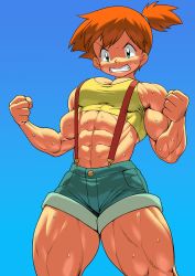 Rule 34 | 1girl, abs, alternate body size, bandeau, blue background, blue eyes, clenched teeth, cowboy shot, creatures (company), denim, denim shorts, flexing, game freak, green eyes, looking down, misty (pokemon), muscular, muscular arms, muscular legs, nintendo, orange bandeau, orange hair, pectoral cleavage, pectorals, pokemon, pokemon (anime), pokemon (classic anime), pokkuti, short hair, short shorts, shorts, side ponytail, solo, spiked hair, sweat, teeth, thick thighs, thighs