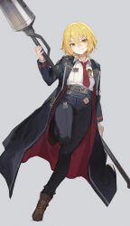 Rule 34 | 1girl, aiguillette, badge, black coat, black pants, blonde hair, boots, brown footwear, closed mouth, coat, collared shirt, don quixote (project moon), full body, hair between eyes, high-waist pants, highres, holding, holding polearm, holding weapon, lance, limbus company, long sleeves, looking at viewer, necktie, nemu (isaya), pants, polearm, project moon, red necktie, shirt, smile, solo, sticker, weapon, white shirt, wing collar, yellow eyes