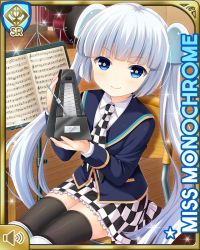 Rule 34 | 1girl, blue eyes, blue jacket, blunt bangs, card, character name, checker pattern, closed mouth, day, girlfriend (kari), indoors, jacket, miss monochrome, miss monochrome (character), music sheet, music stand, necktie, official art, qp:flapper, school uniform, shirt, sitting, skirt, smile, solo, tagme, thighhighs, twintails, white footwear, white hair, white shirt