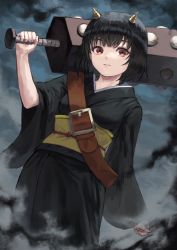 Rule 34 | 1girl, black hair, brown eyes, character request, club, club (weapon), fagi (kakikaki), fog, gintama, holding, holding weapon, horns, japanese clothes, kanabou, long sleeves, oni, oni horns, outdoors, over shoulder, parted lips, short hair, sleeves past wrists, solo, weapon, weapon over shoulder, wide sleeves, yellow horns