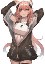 Rule 34 | 1girl, absurdres, animal ear fluff, animal ears, arknights, armor, armpits, arms up, bare shoulders, black jacket, breastplate, brown eyes, commentary request, cowboy shot, fixro2n, gravel (arknights), grin, hair between eyes, highres, jacket, long hair, long sleeves, looking at viewer, off shoulder, parted lips, pink hair, simple background, smile, solo, standing, very long hair, white background