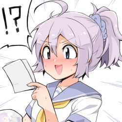 Rule 34 | !?, ahoge, antenna hair, aoba (kancolle), blue eyes, blush, commentary request, i-58 (kancolle), kantai collection, messy hair, multiple girls, neckerchief, open mouth, photo (object), pink hair, ponytail, sailor collar, school uniform, scrunchie, serafuku, short hair, swimsuit, translation request, tsurime, unadare