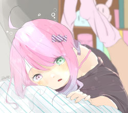 Rule 34 | 1girl, ahoge, black shirt, blush, candy hair ornament, ebichoco pasta, food-themed hair ornament, green eyes, hair ornament, heterochromia, highres, himemori luna, hololive, long hair, looking at viewer, loose clothes, loose shirt, loose socks, lying, off shoulder, on bed, on stomach, pink eyes, purple eyes, shirt, socks, solo, virtual youtuber, waking up