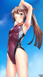 Rule 34 | 1girl, arm up, armpits, arms behind head, artist name, blue sky, breasts, brown hair, collarbone, competition swimsuit, covered navel, cowboy shot, dated, grey eyes, hair between eyes, hair ribbon, highres, kantai collection, kazagumo (kancolle), long hair, looking at viewer, one-piece swimsuit, one eye closed, pink one-piece swimsuit, ponytail, ribbon, sky, small breasts, solo, standing, swimsuit, tsuchimiya, wet, wet clothes, wet swimsuit