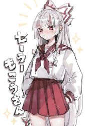 Rule 34 | 1girl, bow, closed mouth, fujiwara no mokou, hair bow, highres, long hair, long sleeves, looking at viewer, multiple bows, neckerchief, pleated skirt, plumapple3, red eyes, red neckerchief, red sailor collar, red skirt, sailor collar, school uniform, serafuku, sidelocks, skirt, solo, standing, star (symbol), touhou, white background, white hair, white serafuku
