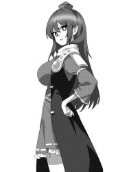 Rule 34 | 1girl, armor, breasts, coat, commentary request, cowboy shot, dress, frilled dress, frills, greyscale, hands on own hips, hat, iizunamaru megumu, large breasts, long hair, monochrome, onkn sxkn, open mouth, pauldrons, pointy ears, puffy short sleeves, puffy sleeves, short sleeves, shoulder armor, simple background, single pauldron, single shoulder pad, sleeveless, sleeveless coat, sleeves past elbows, solo, surcoat, tokin hat, touhou, white background, wide sleeves